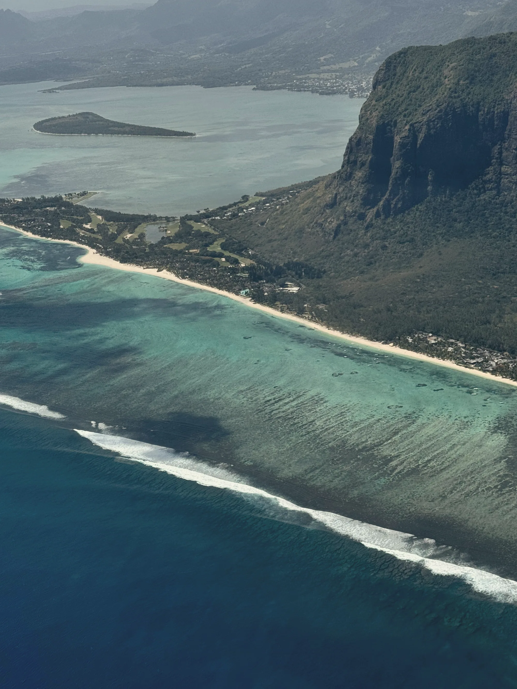 Aerial view of Le Morne Brabant peninsula and lagoon, Mauritius