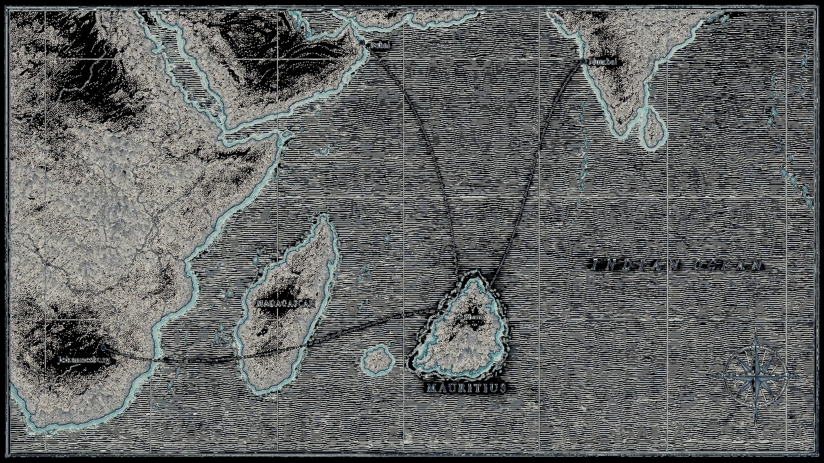 Engraved chart of the western Indian Ocean. Dashed routes link Johannesburg, Dubai and Mumbai to Ebene on Mauritius. Distances are qualitative and the chart is not for navigation.